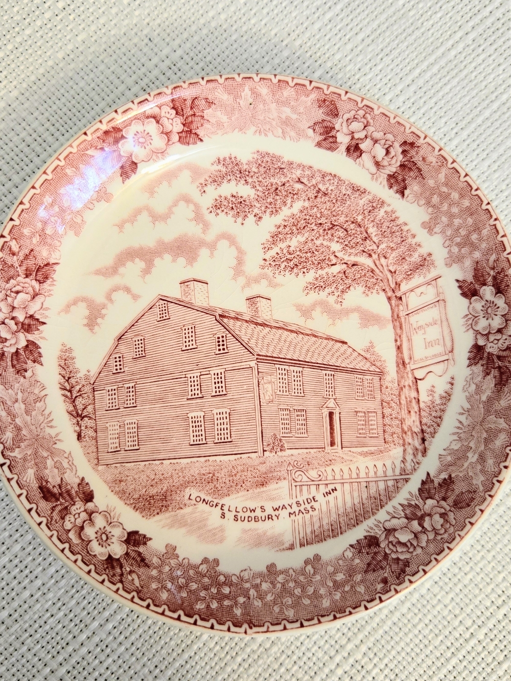 Vtg Longfellows Inn Mass Trinket Dish Red White Transferware Stafforshire Countr